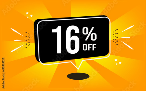 16% off. Orange banner with black balloon and special buy and sell offer