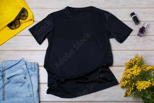 Womens black T-shirt mockup with yellow flowers