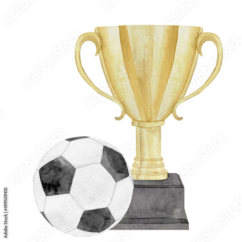 Watercolor hand drawn golden yellow sport prize cup with soccer ball for winner, first place, victory isolated on white.