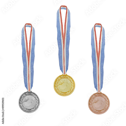 Watercolor illustration collection of three winner medals. Gold, silver and bronze sport medal. Round shape, with bright red and blue ribbons.