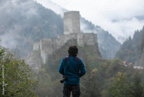 Zilkale Castle in the Fog Drone Photo, Kackar Mountains Camlihemsin, Rize Turkey