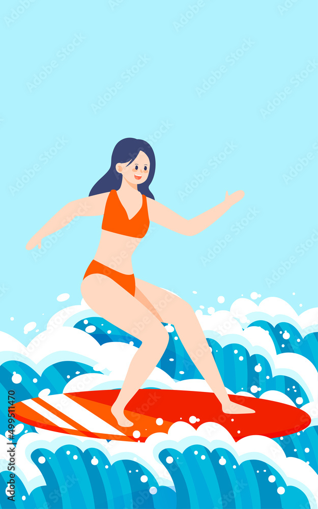 Girl surfing in swimsuit in summer, vector illustration