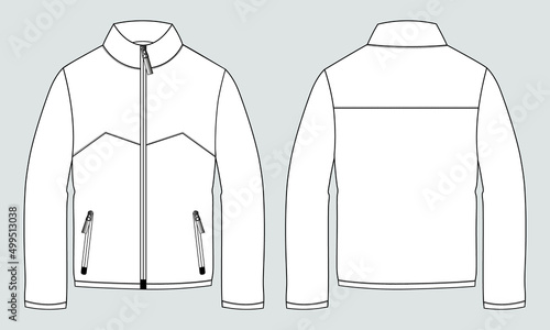Long sleeve jacket with pocket and zipper technical fashion flat sketch vector illustration template front and back views. Fleece jersey sweatshirt jacket for men's and boys. photo