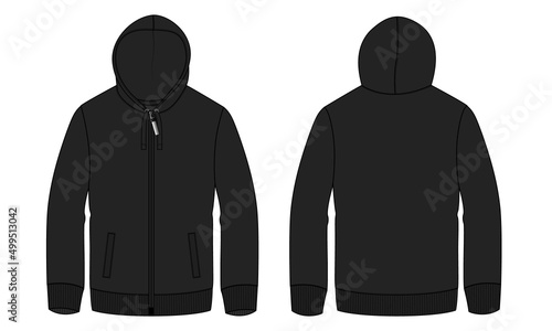 Long sleeve Hoodie technical fashion flat sketch vector illustration template front and back views. Apparel Winter hoodie black color mock up Card. Easy edit and customizable.