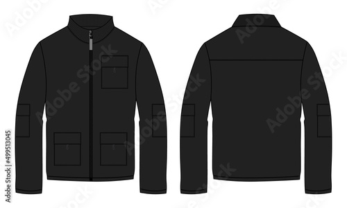 Long sleeve jacket with pocket and zipper technical fashion flat sketch vector illustration Black Color  template front and back views. Fleece jersey sweatshirt jacket for men's and boys.