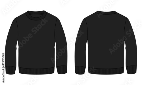 Long sleeve sweatshirt technical fashion flat sketch vector illustration Black Color template front and back views.