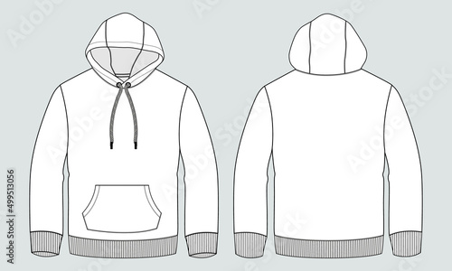 Long sleeve hoodie with Zipper and pocket  technical fashion flat sketch template front and back view. apparel dress design vector illustration mock up jacket CAD. Easy edit and customizable.
