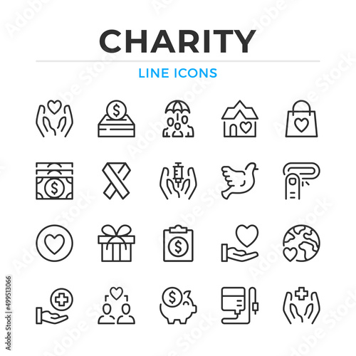 Charity line icons set. Modern outline elements, graphic design concepts, simple symbols collection. Vector line icons
