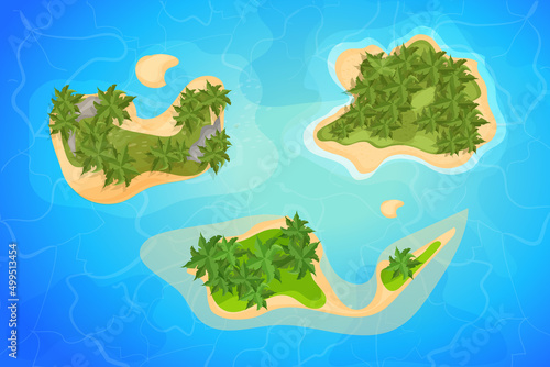 Tropical island top view, resort with palm trees, sand and waves in cartoon style isolated on white background. Summer aerial, landscape.