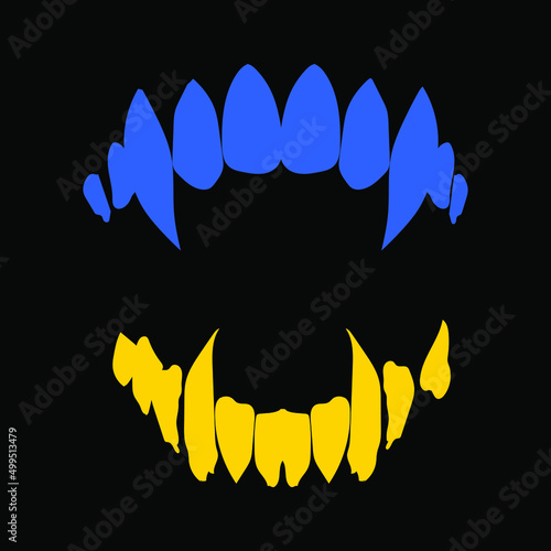 Aggressive sharp teeth in the color of the Ukrainian flag. Symbol of resistance. Support for Ukraine. Vampire teeth illustration vector isolated on black background.