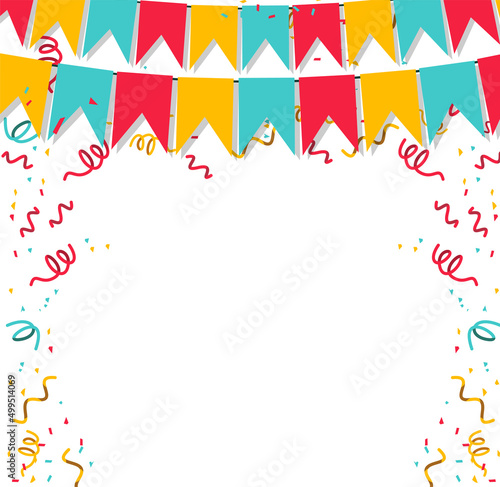 Happy birthday vector transparent background. Colorful happy birthday border frame with confetti.