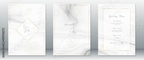 Wedding invitation card template luxury design with white marble texture and gold frame