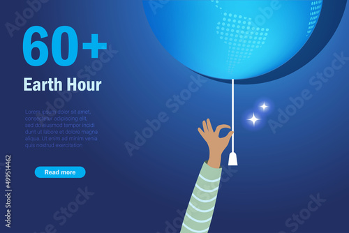 Earth hour, turn off light to save energy. Hand turn off light globe to save energy. World environment day, earth day and care for nature concept.
