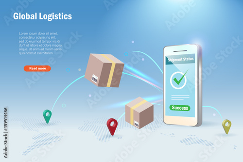 Shipment cartons delivery from smartphone screen with pin point world wide map background. Smart logistics delivery tracking system, innovation transportation technology .