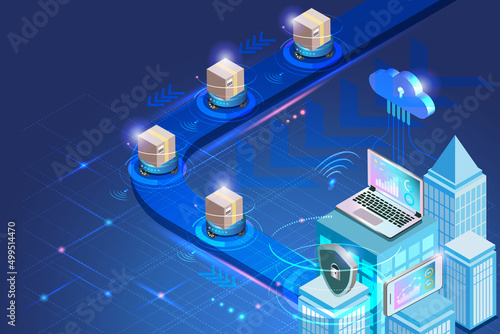 Smart logistics delivery system with automated robotic and wireless technology. Shipment cartons delivery autonomous with cloud computing. Innovation transportation futuristic technology.