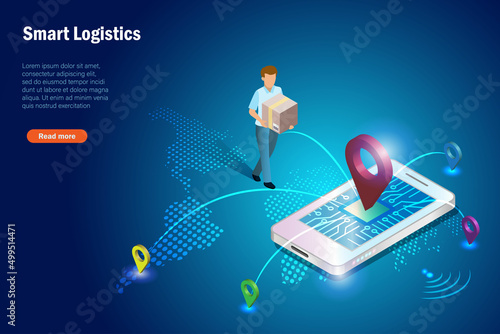 Global online smart logistics. Delivery man holding carton box deliver shipment with worldwide GPS network connecting on smartphone. Global logistic and transportation technology