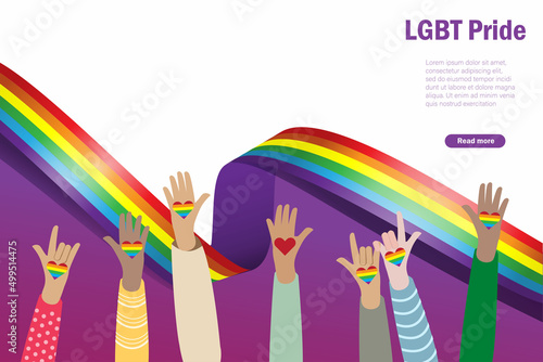 LGBT Pride month. Diversity raising hands paint LGBT rainbow heart on palm with rainbow flag background to support LGBTQ pride rights and transgender community, social diversity concept.