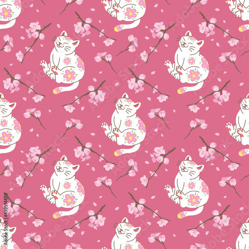 CUTE WHITE CAT WITH SAKURA FLOWERS IN JAPANESE STYLE SEAMLESS PATTERN DESIGN.