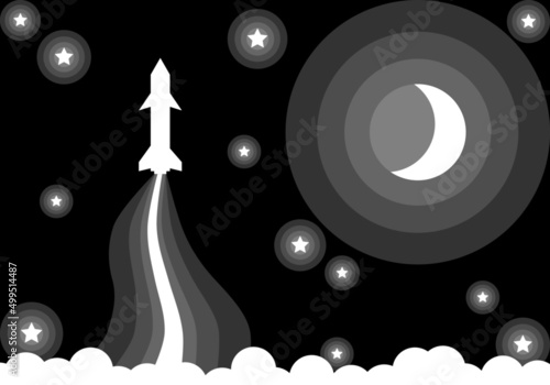 Fototapeta Naklejka Na Ścianę i Meble -  White rocket spaceship launch travel to space with crescent moon stars and white clouds on dark black sky background flat vector cartoon design.