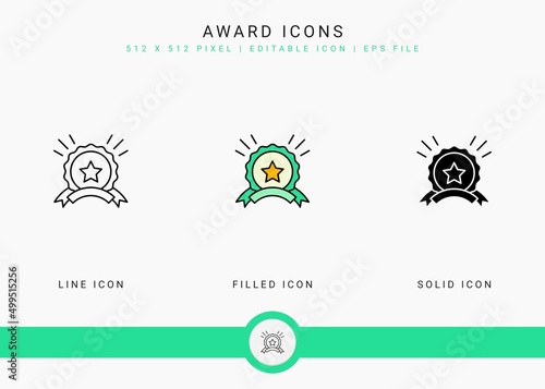 Award icons set vector illustration with solid icon line style. Winner prize concept. Editable stroke icon on isolated background for web design, user interface, and mobile app