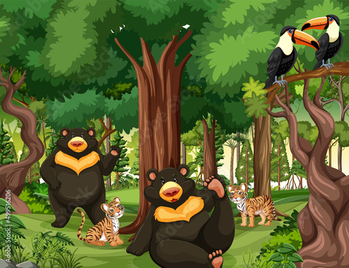 Forest scene with various wild animals