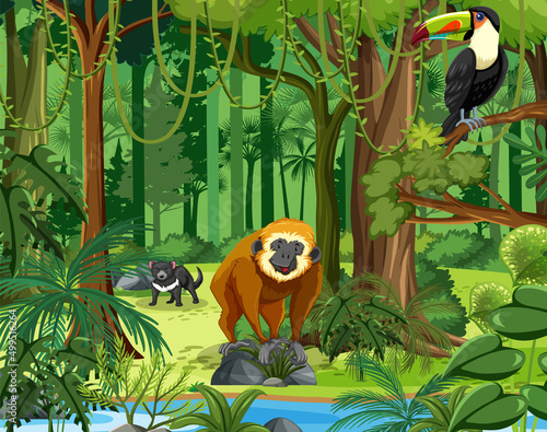 Forest scene with various wild animals