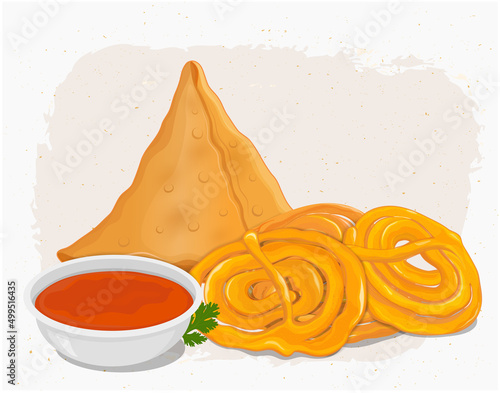 Samosa and Jalebi Vector illustration with red tomato Souse