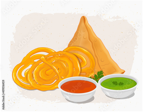 Samosa and Jalebi - vector illustration with red and green sauce