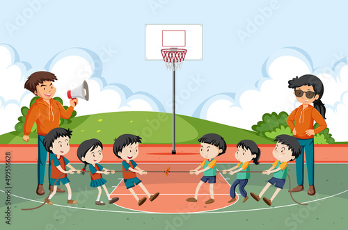 Children playing tug of war game
