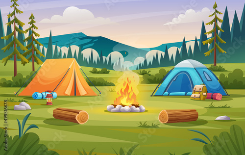 Nature camp landscape with tents  campfire  backpack  and lantern cartoon illustration