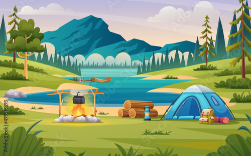 Summer camp concept with mountain and lake landscape illustration
