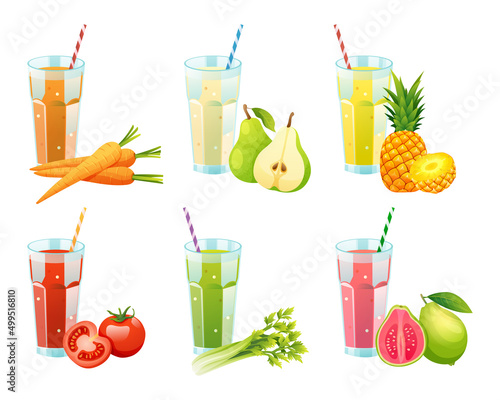 Set of various fruit and vegetable juices illustration isolated on white background