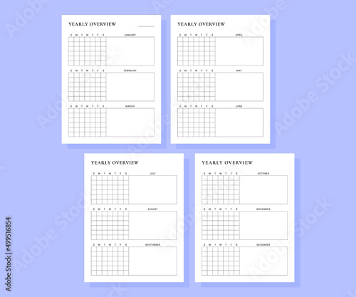 annual overview, yearly overview planner paper sheets. clean simple and minimalist goals planner. Business organizer page