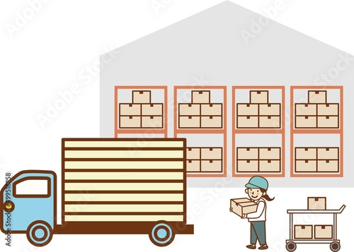 倉庫の前でトラックに荷物を運ぶ作業員の女性。