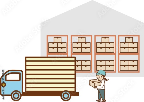 倉庫の前でトラックに荷物を運ぶ作業員の女性。