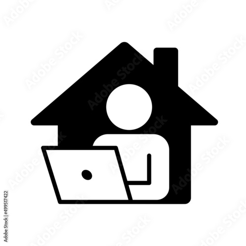 A man with laptop on house icon symbol, Work at home, Working remotely concept, Black isolated on white background, Vector design illustration