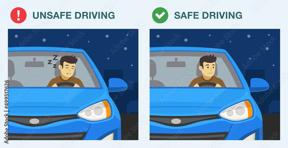 Safe and unsafe driving at night. Closeup front view of a drowsy