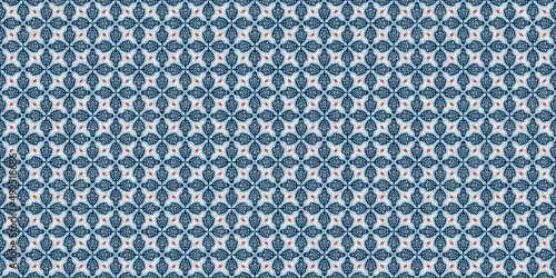 Indigo blue red batik geo nautical seamless border pattern. Modern marin geometric kaleidoscope banner. Nantucket fabric textile style. Summer rustic masculine worn linen effect edging trim tape 