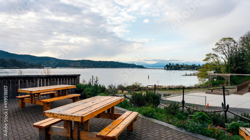 Juan de Fuca Straits viewed from the vicinity of Sooke Harbor, BC, with alpine mountains on far horizon. photo