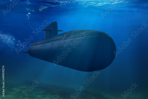 Naval submarine submerge underwater during a mission in open sea