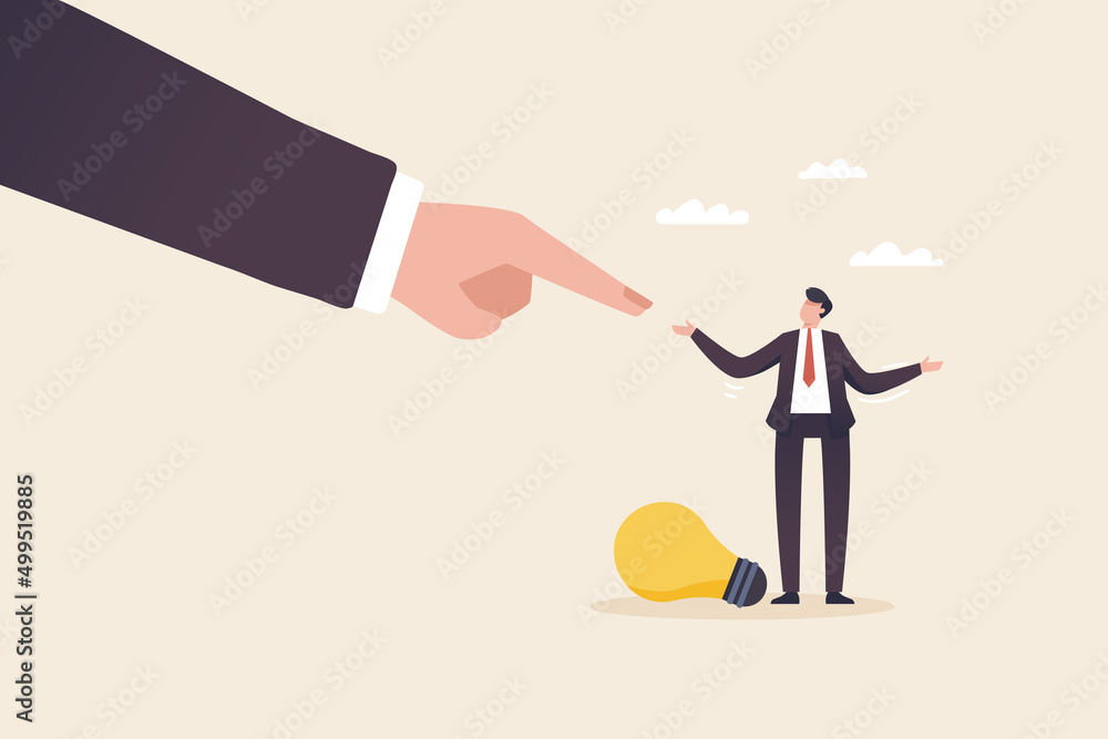 Obraz premium Different opinion, Controversies within the organization. Listening to the opinions of employees. open to new ideas. Giant hand pointing at the employee or businessman.