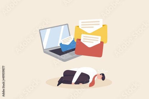 Burnout Syndrome. mental problem or stressful from too much workload.  Male employees are tired of answering emails.