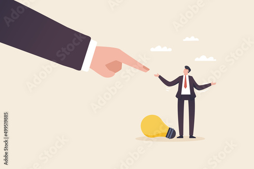 Different opinion, Controversies within the organization. Listening to the opinions of employees. open to new ideas. Giant hand pointing at the employee or businessman.