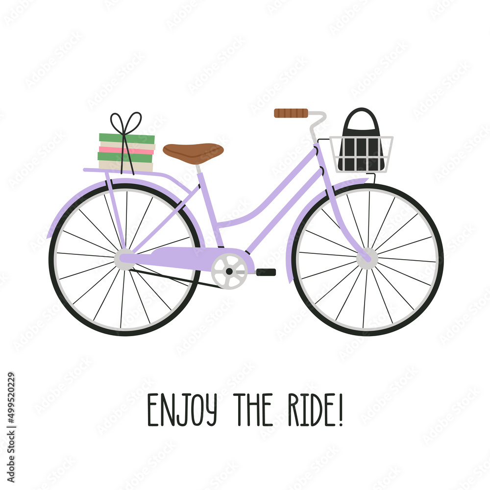 Poster with a bicycle and a positive wish – Enjoy The Ride! Vintage bike with bag and books in a basket, hand draw lettering. City lifestyle concept. Poster, greeting card. Cute vector illustration.