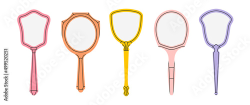 A set of mirrors for daily beauty routine. Mirror with handle, various frame shapes. Antique, vintage style. Cute colorful design. Hand drawn vector illustration isolated on white background.