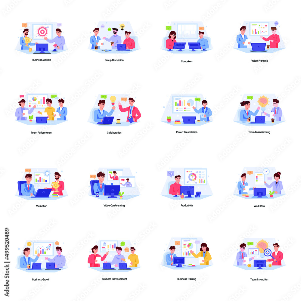 Trendy Collection of Collaborative Work Flat Illustrations Trendy Collection of Collaborative Work Flat Illustrations