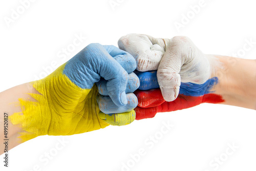 Hand in the colors of the Russian and Ukrainian flag