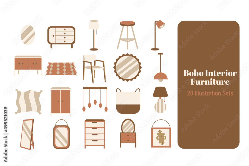 Boho Interior Furniture Illustration Sets