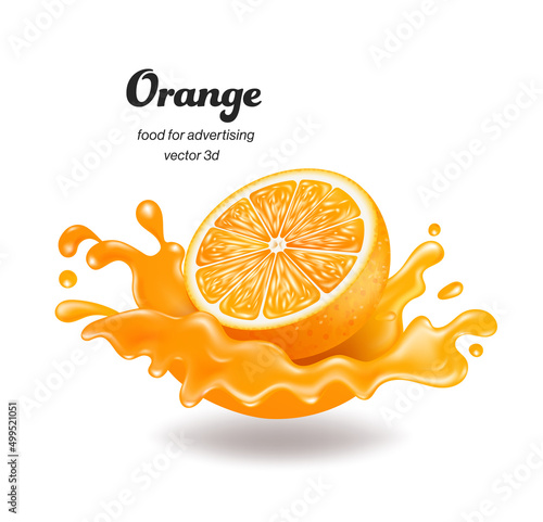 half an orange fall into impact with orange juice causing a wide splash of water,vector 3d isolated on white background for make fruit juice advertisements concept