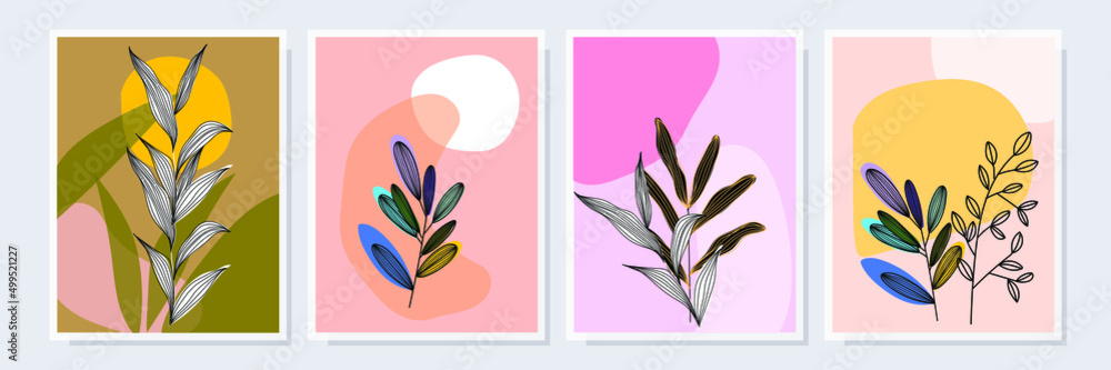 Abstract art nature background vector illustration. Modern shapes line art botanical,floral, leaves and flowers. design for home decoration, wall art,social media post.